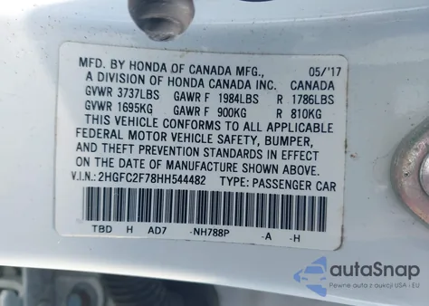 2017 Honda Civic Ex from USA, damaged, VIN 2HGFC2F78HH544482